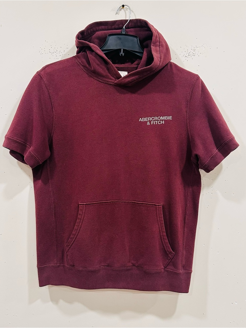 Abercrombie & Fitch Short Sleeve Hoodie Maroon Burgundy Cotton Sweatshirt Men L